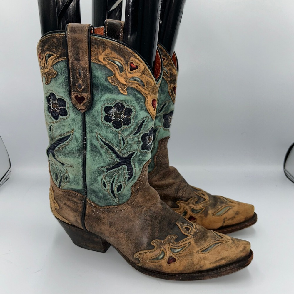 Dan Post Womens Brown Teal Floral Bird Embroidered Western Boots DP3544 Size 8.5